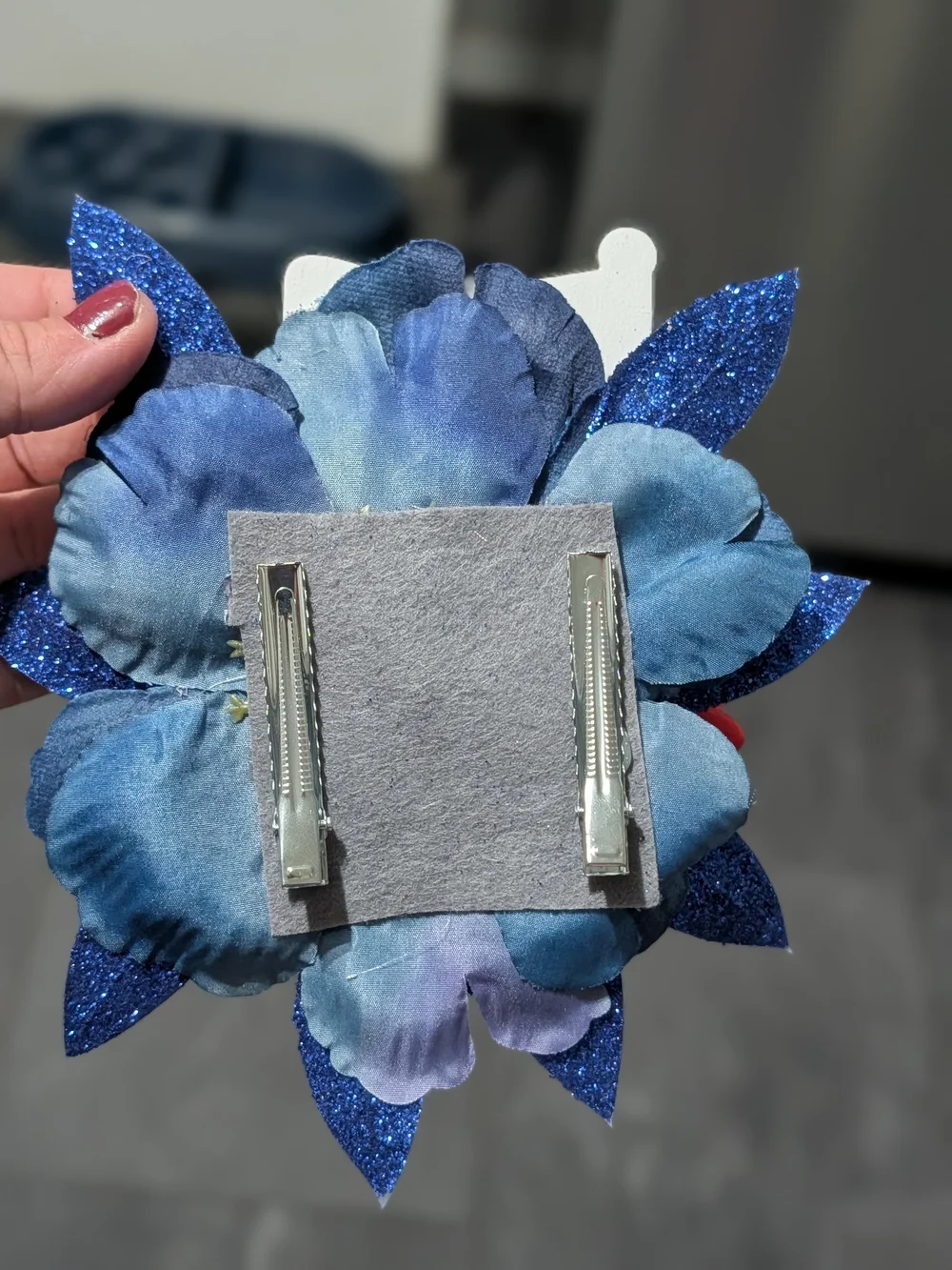 Patriotic Floral Hair Clip with Blue Glitter Leaves